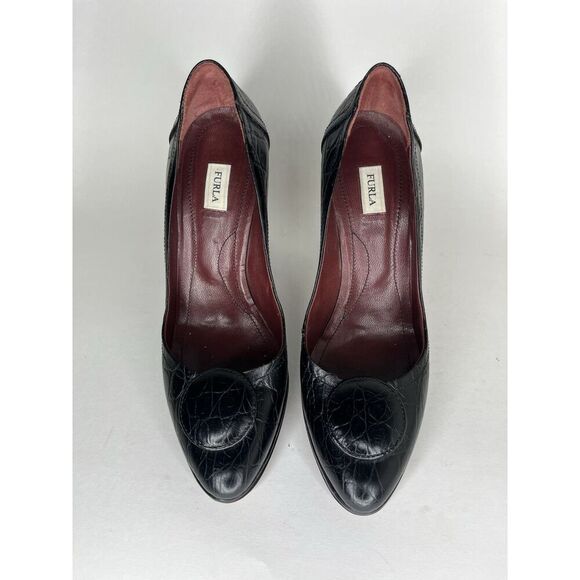 Furla Black Leather Croc Embossed Platform High Heels Women Sz 40EU/9.5M US - Picture 10 of 13